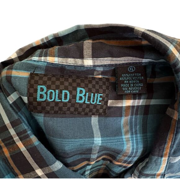 Bold Blue Short-Sleeve Blue Plaid Button Down Shirt, XL - Picture 4 of 6